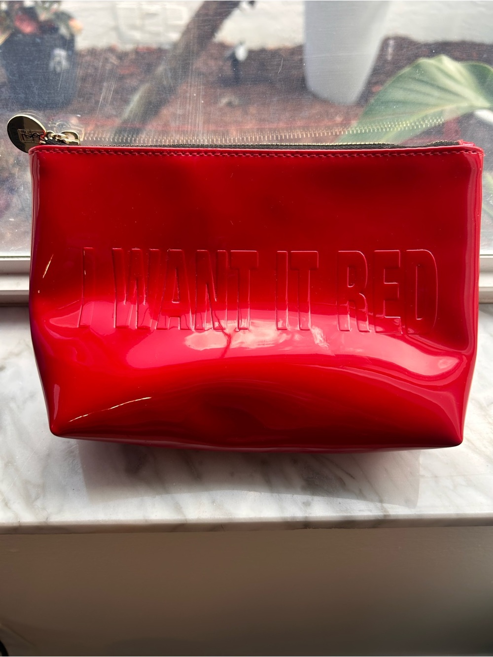 Yves Saint Laurent Patent Red Cosmetic Pouch with Embossed Slogan